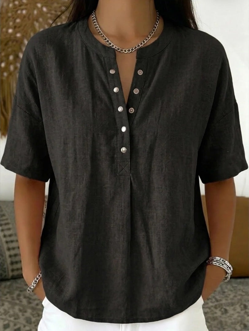 Solid Color Casual Pullover Short-Sleeve Shirt For Women 