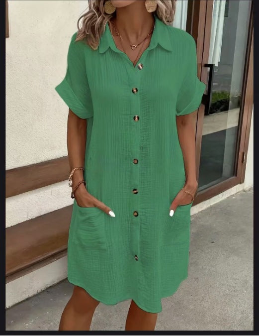 Casual Solid-Color Single-Breasted Mid-Length Short-Sleeve Dress 
