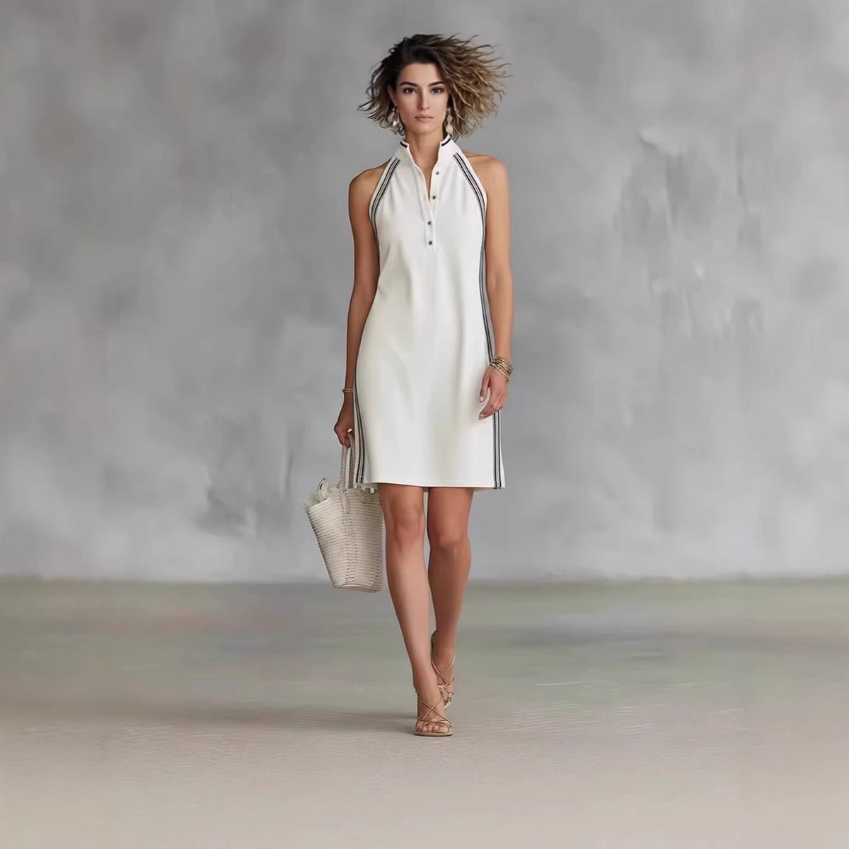 Women’s Sleeveless Button-Up Collar Shirt Dress 