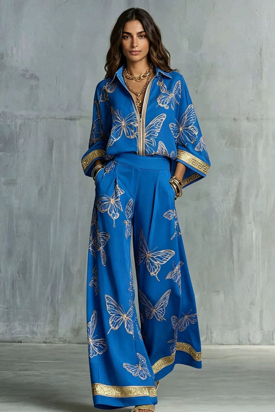 Style Women's Retro Printed Sexy Deep V Neck Loose Zipper Top with Wide Leg Pants Two-Piece Set 