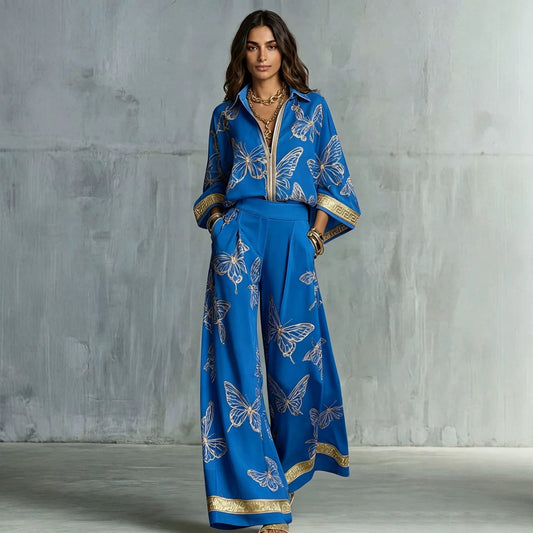 Style Women's Retro Printed Sexy Deep V Neck Loose Zipper Top with Wide Leg Pants Two-Piece Set 