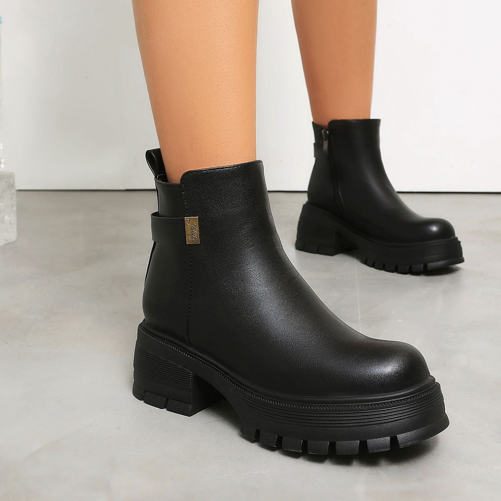 Autumn Winter High Heel Thick Sole 40-43 Large Size Side Zipper Suede Low Cuff Ankle Boots 