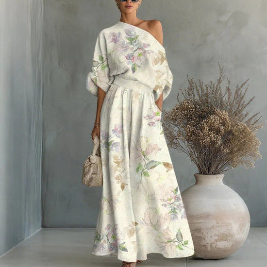 Printed Off-Shoulder Top And Pants Two-Piece Set 