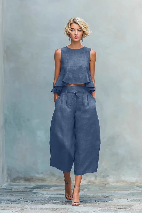 Womens Linen-blend Two-piece Set With Ruffled Detailing 