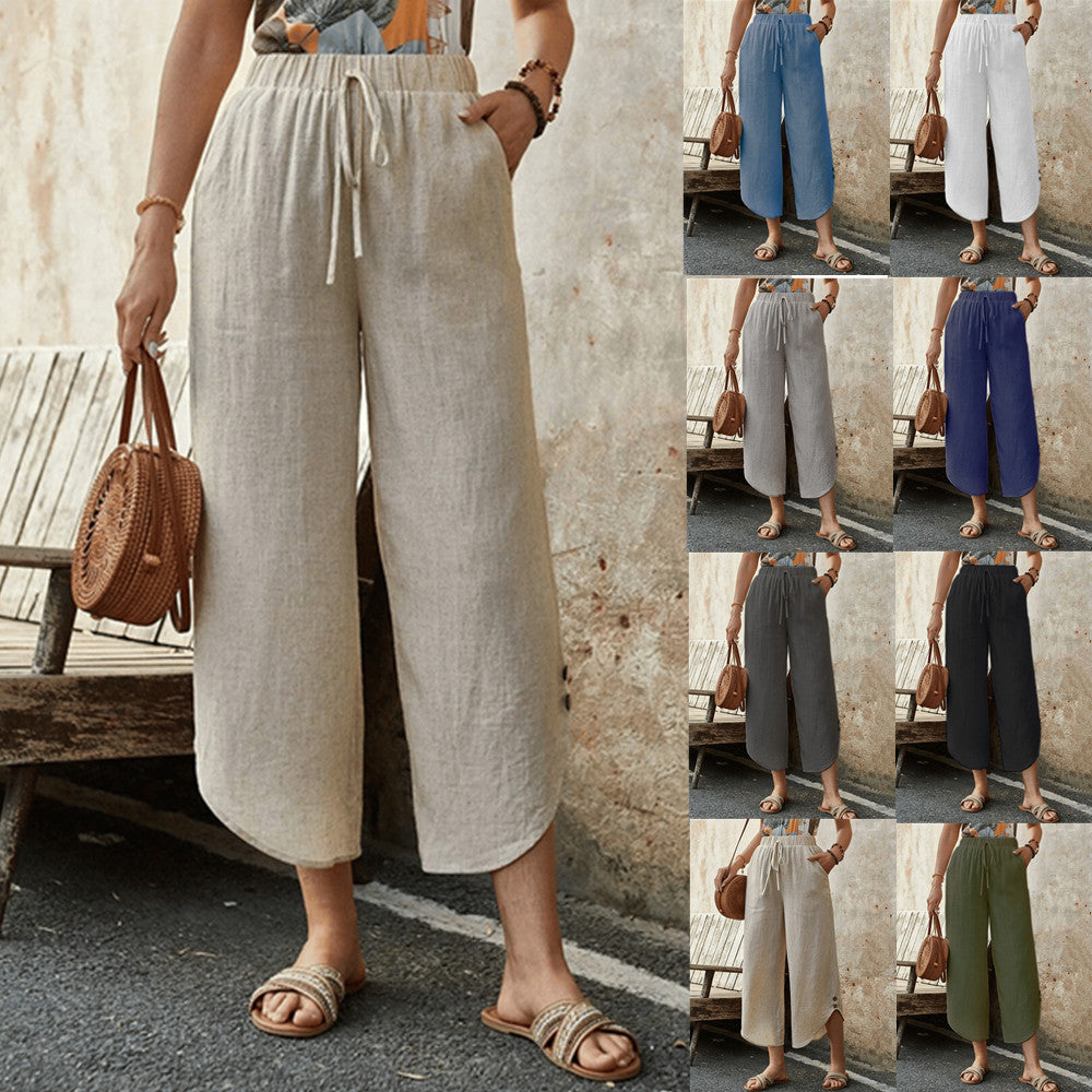 Cotton And Linen Drawstring Cropped Loose Pockets Casual Pants FitiqueFit