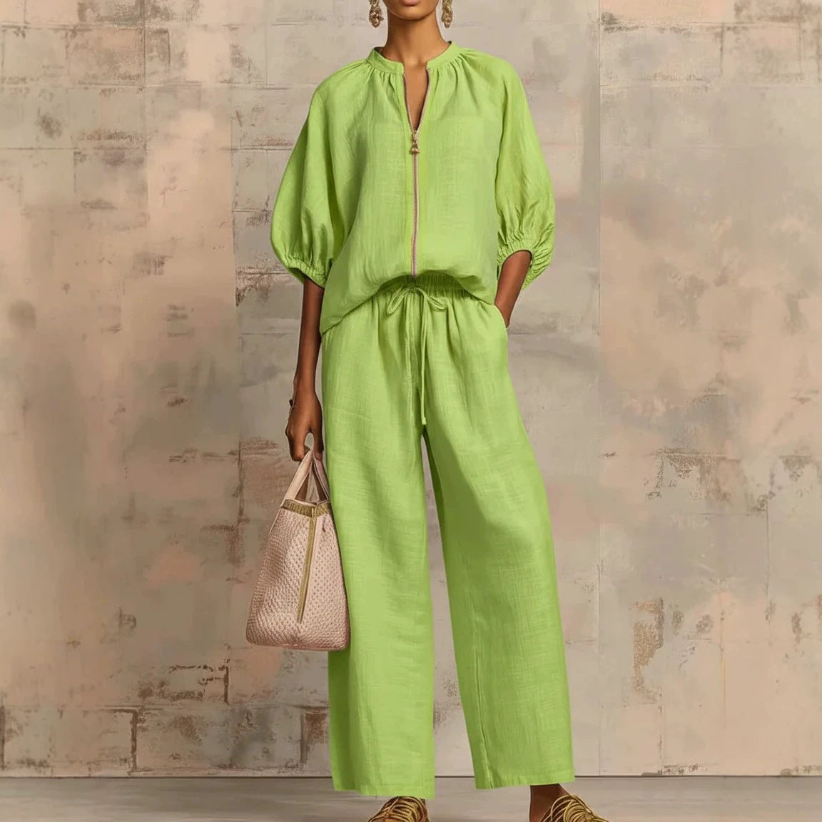 Summer Women's Casual Loose Solid Color Zipper Round Neck Wide Leg Pants Set 