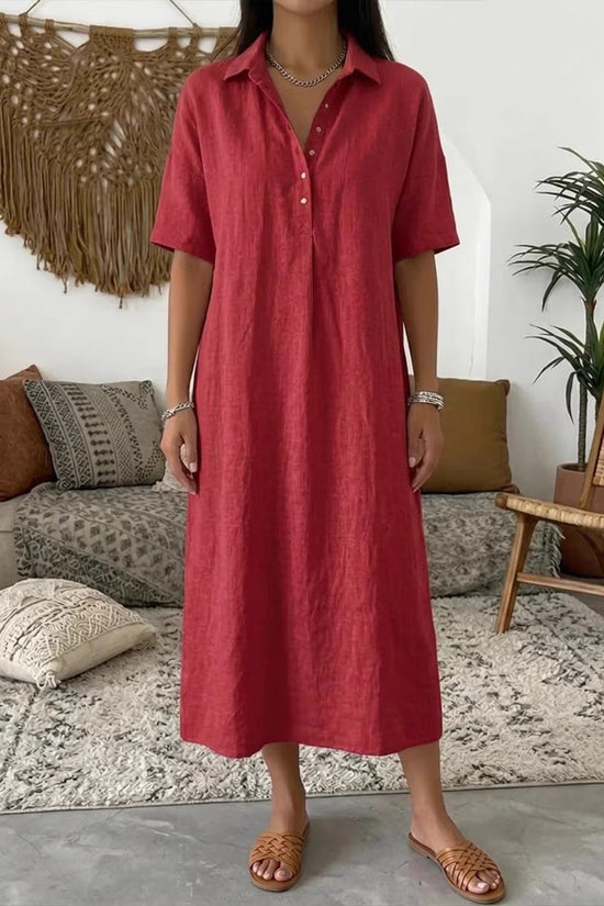 Casual Straight Fit Comfortable Linen Short Sleeve Polo Neck Dress for Women 