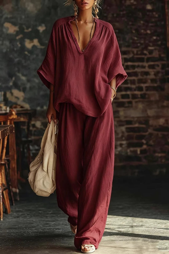 Womens V-neck Loose Short-Sleeve Casual Pants Two-Piece Set 