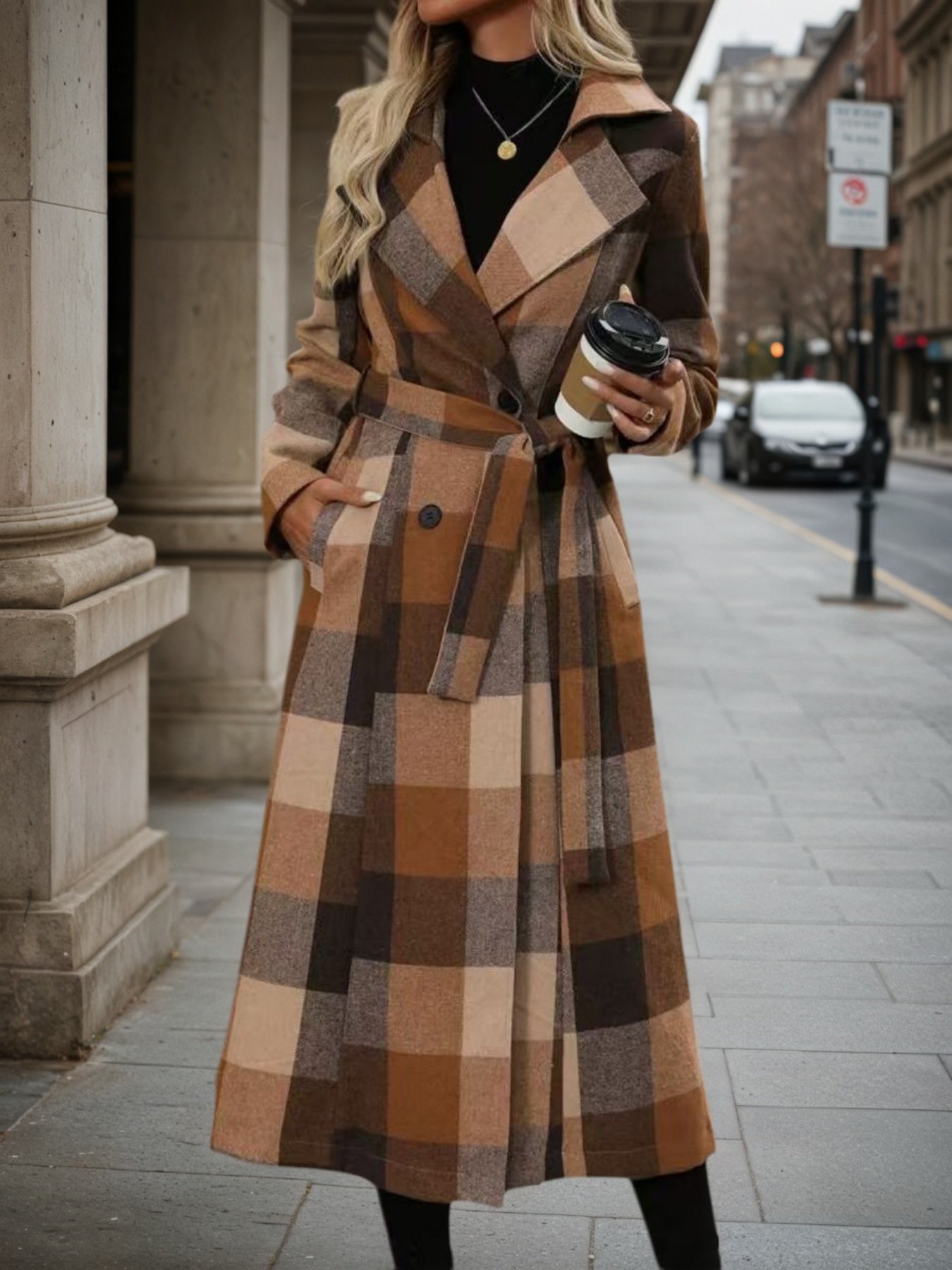 Women’s Lapel Woolen Double-Breasted Coat – Lace-Up Long Windbreaker - FitiqueFit