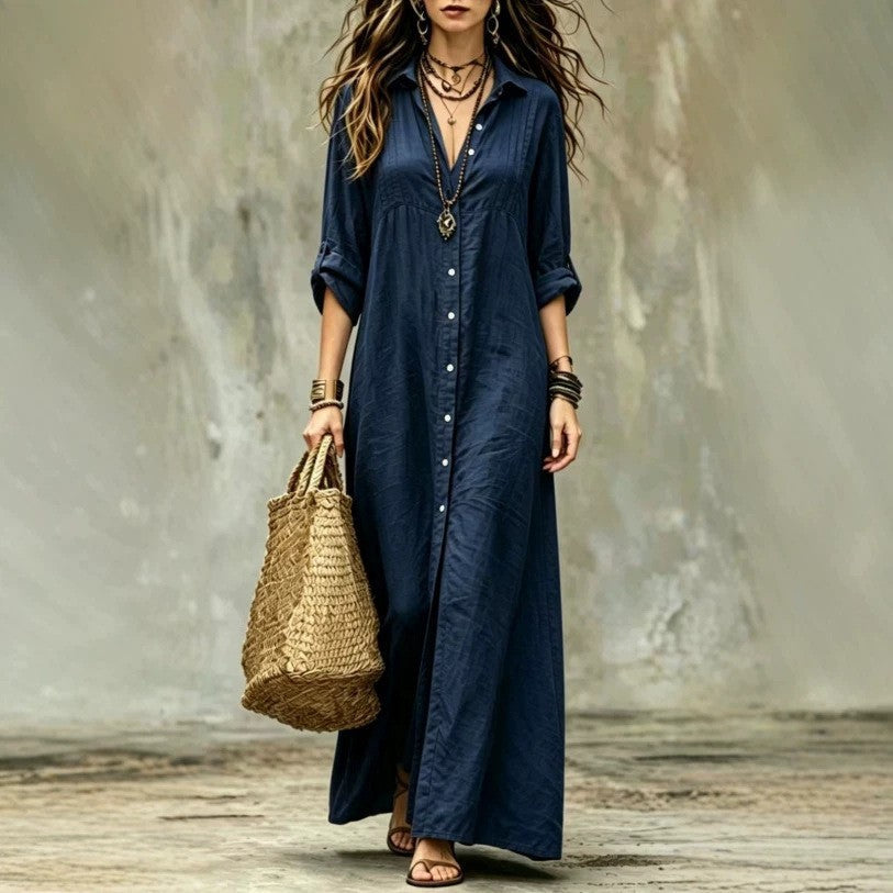 Shirt-collar Floor-length Casual Simple Long Dress 