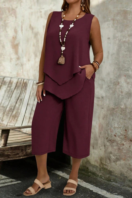 Casual Solid-Colored Sleeveless Top And Cropped Pants Two-Piece Set 