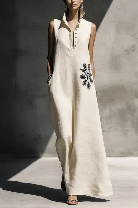 Heat-transfer Graphic Pocket Casual Mandarin-collar Cotton-linen Dress 