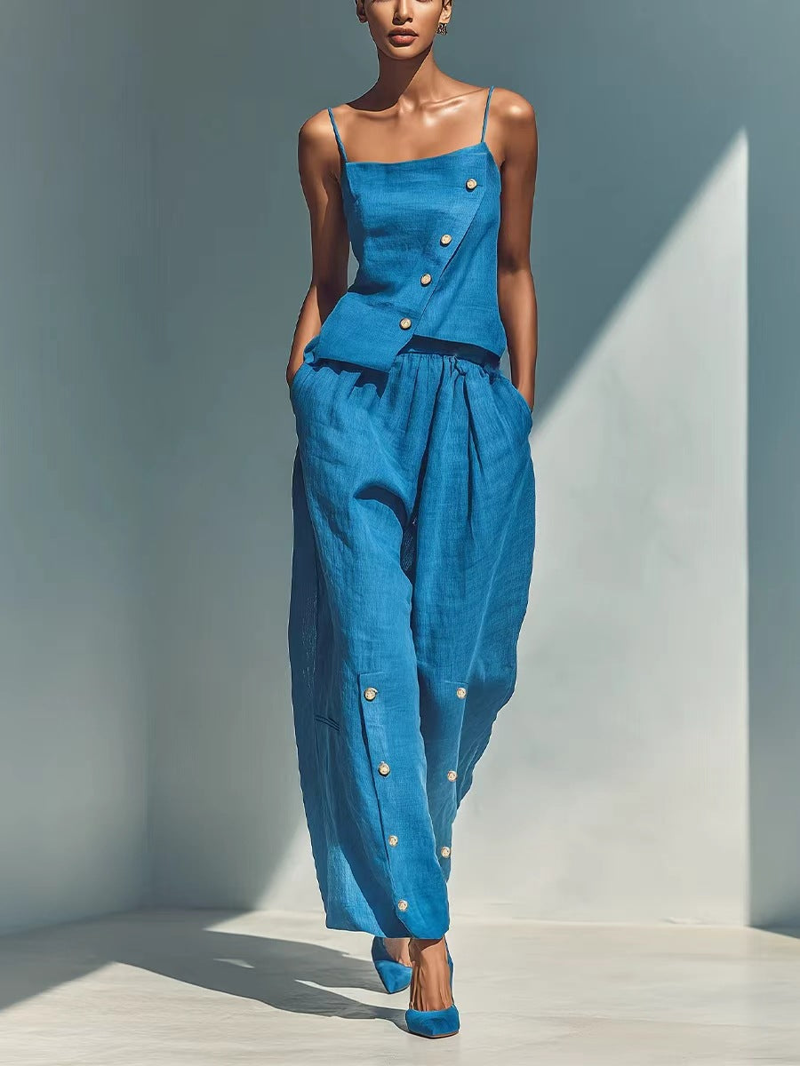 Gold-buckle Decorated Camisole And Pants Set 