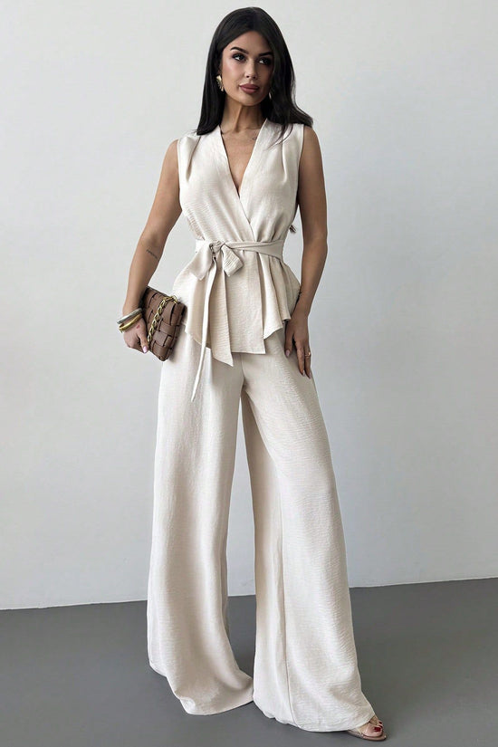 Lace-up V-neck Vest Top And Pants Two-piece Set 