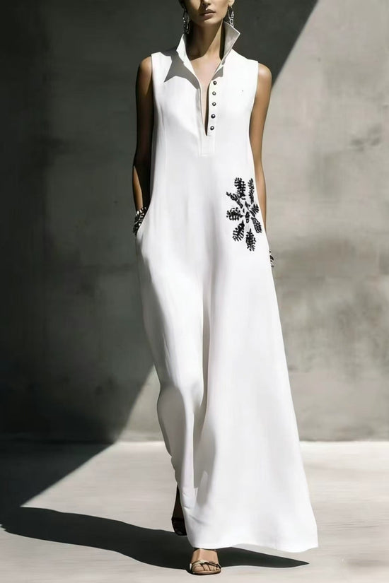 Heat-transfer Graphic Pocket Casual Mandarin-collar Cotton-linen Dress 