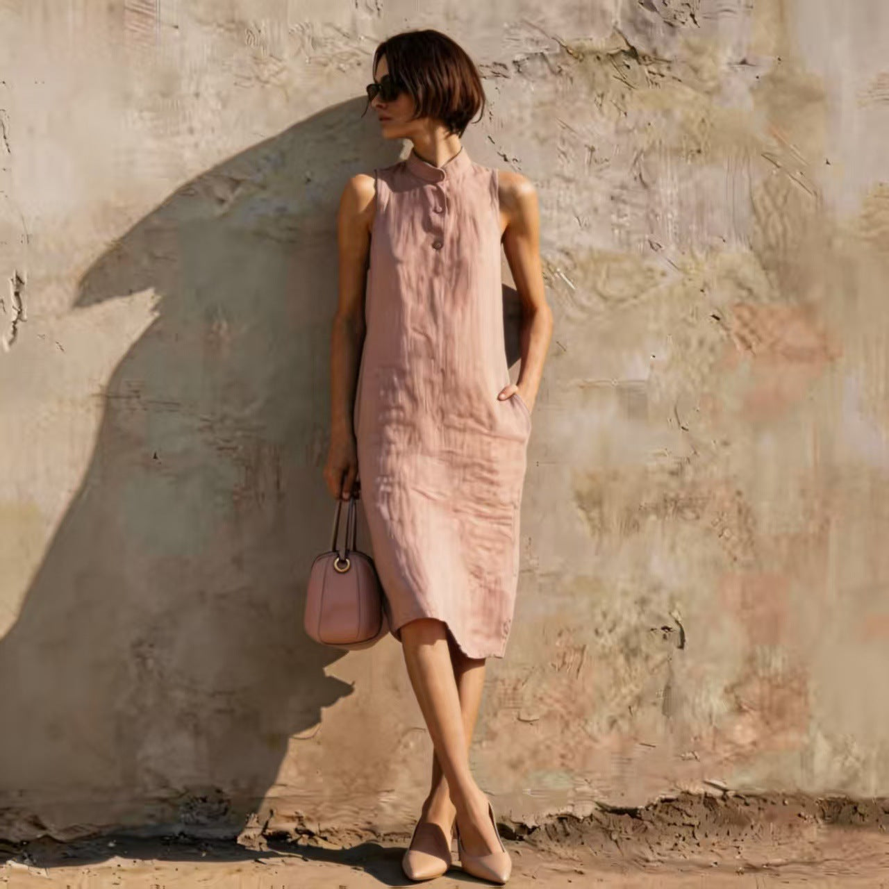 Solid-color Loose Sleeveless Dress 