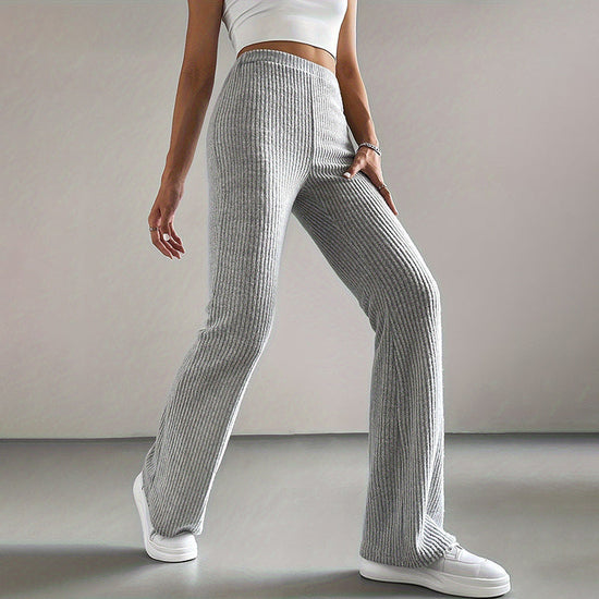 Women's Solid Color Rib-Knit Jogger Pants, Casual Stretch Pull-On Trousers For Spring And Fall 