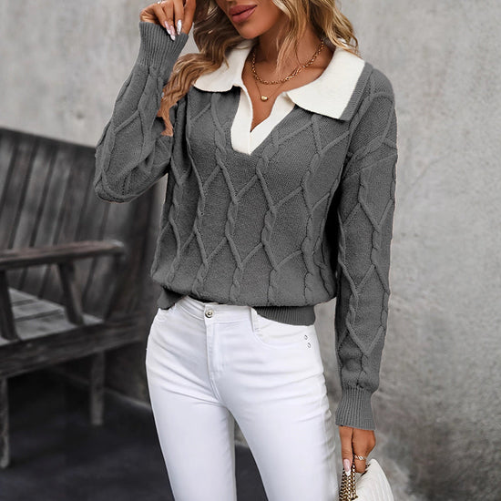 Women's Lapel V-Neck Sweater, Color Block Long Sleeve Casual Pullover 