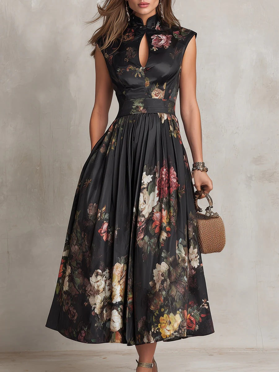 Sleeveless black digital printed long skirt 