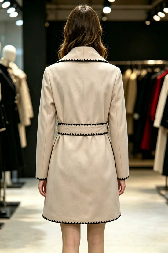 Autumn/Winter New French Elegant Style Notched Lapel Color-blocked Zigzag Edge Wool Coat Fashion Versatile Chic Outerwear 