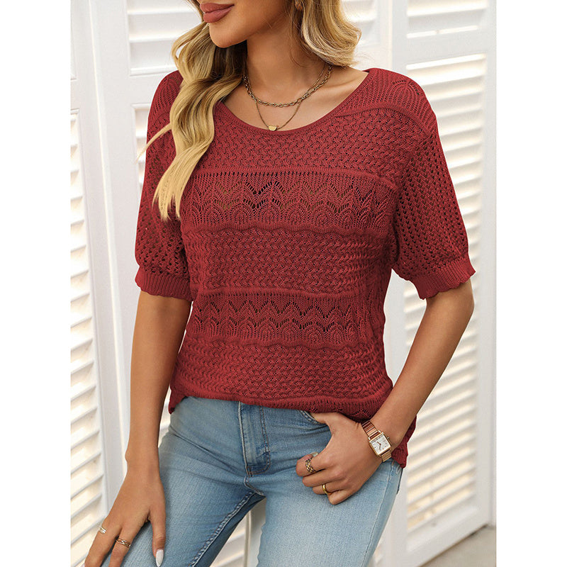 Women's Short Sleeve Sweater Tops Casual Crew Neck Crochet Knit Trendy Hollow Out Blouse T Shirts CJ US