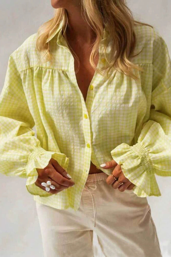 Style new women's flared sleeve plaid long sleeve shirt 