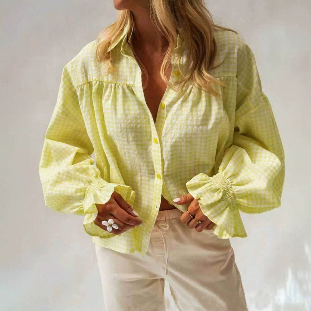 Style new women's flared sleeve plaid long sleeve shirt 