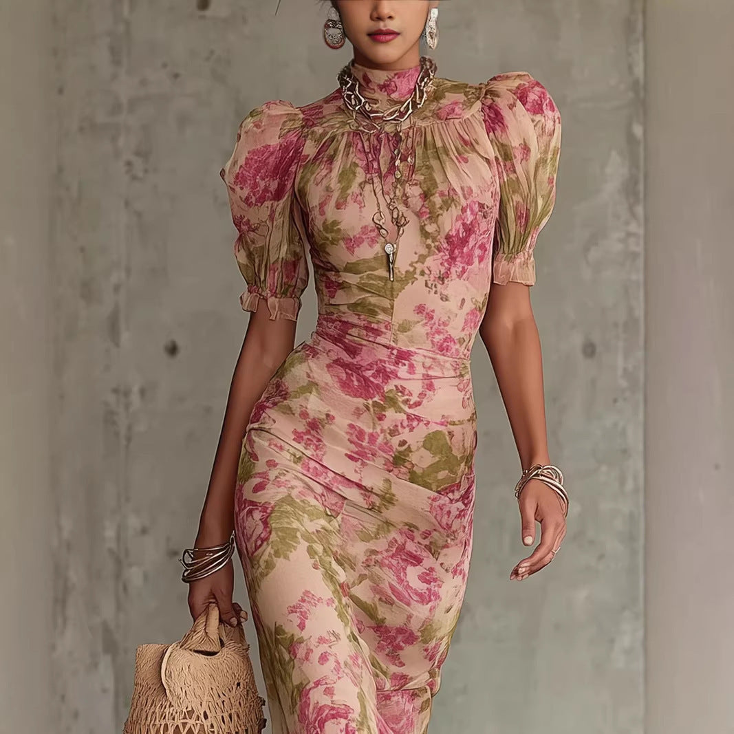 Bubble sleeve printed slim fit long skirt 