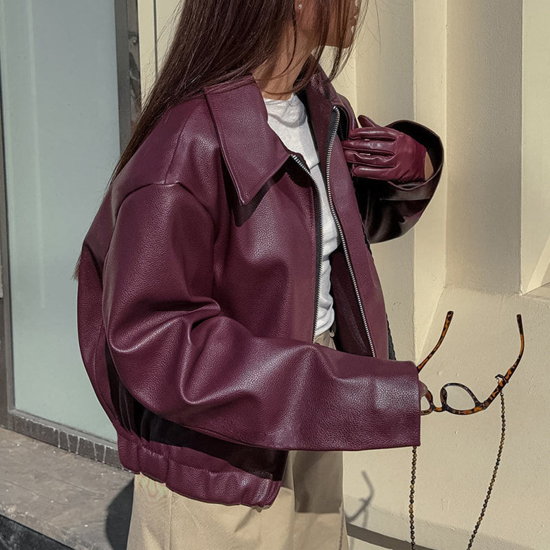 Vintage Style Women's Solid Color Faux Leather Jacket, Zip-Up Biker Jacket With Lapel Collar Casual Coat CJ US