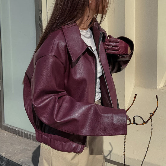 Vintage Style Women's Solid Color Faux Leather Jacket, Zip-Up Biker Jacket With Lapel Collar Casual Coat CJ US