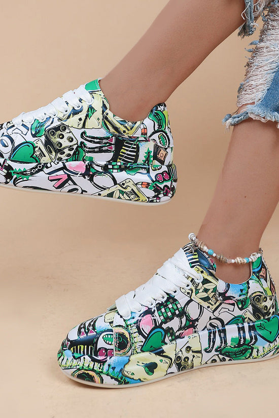 Round-Toe Thick-Sole Lace-Up Sneakers — Women’s Casual Print Shoes 