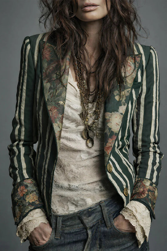 Women's Bohemian Color-Block Striped Blazer 