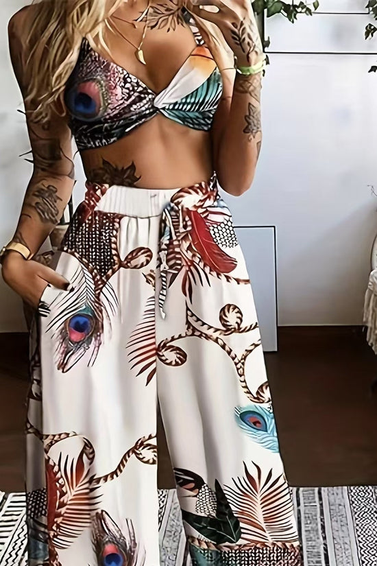 Women’s Feather Print Vacation Pants Set CJ US