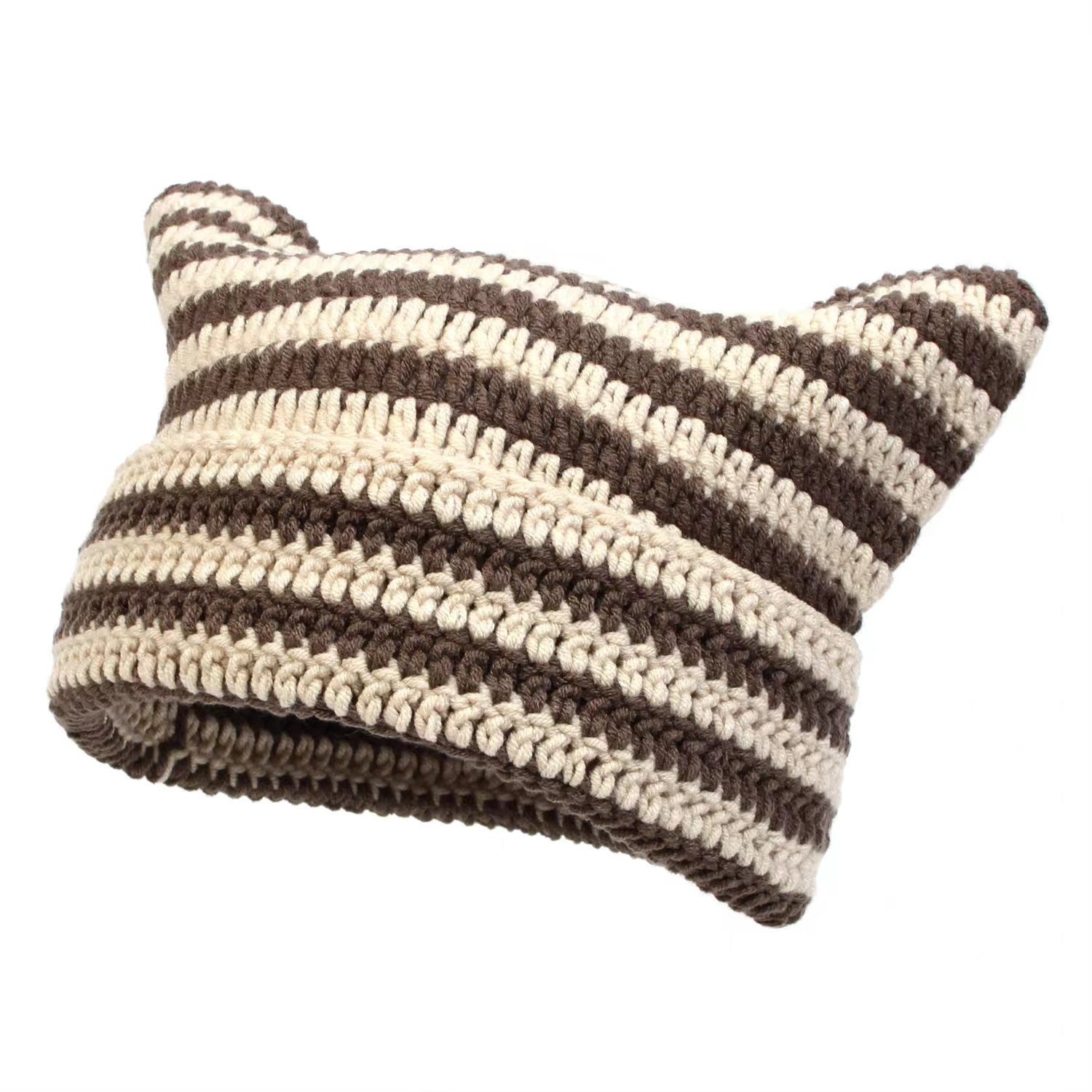 Women’s Hand Knitted Striped Cat Hat – Cute Warm Winter Beanie - FitiqueFit