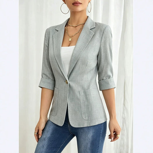 Solid color pocket small suit jacket women's button up top 