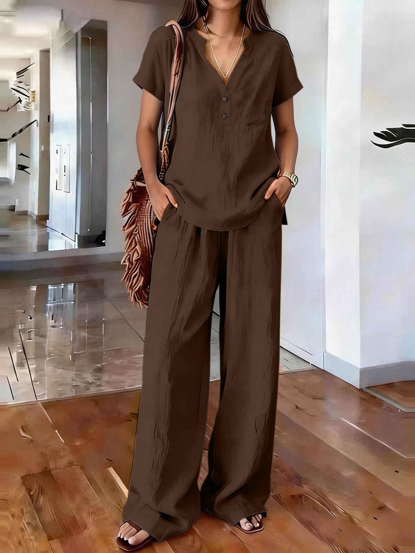 Women's Casual Solid-Colored Cotton And Linen Set 