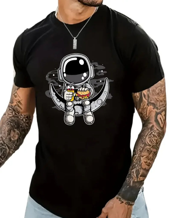 Cartoon Astronaut Pattern T-shirt, Summer Men's Casual Street Style Elastic Round Neck T-shirt CJ US