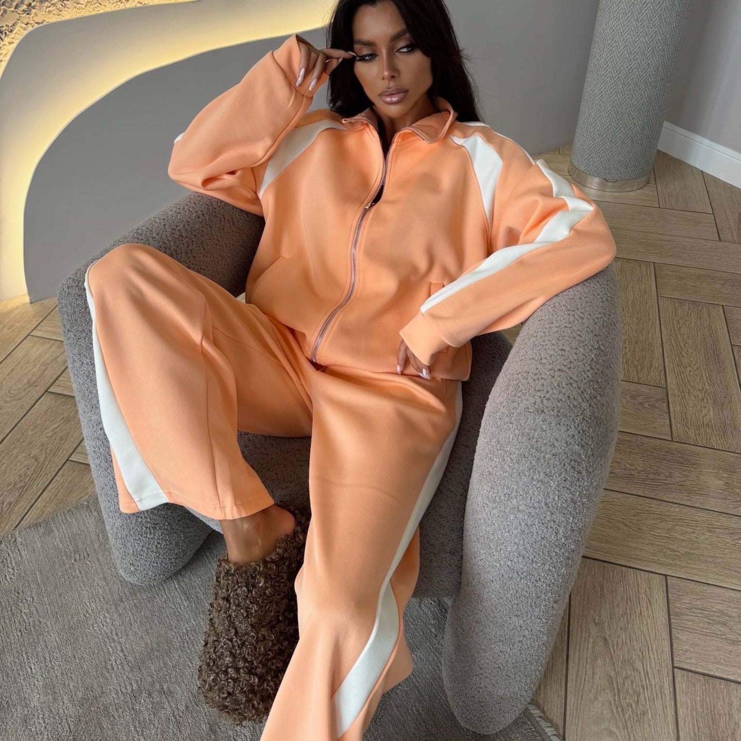 Womens Long-Sleeve Zip-Up Jacket And Sweatpants Two-Piece Set 