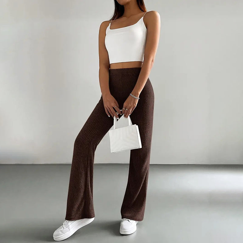 Women's Solid Color Rib-Knit Jogger Pants, Casual Stretch Pull-On Trousers For Spring And Fall 