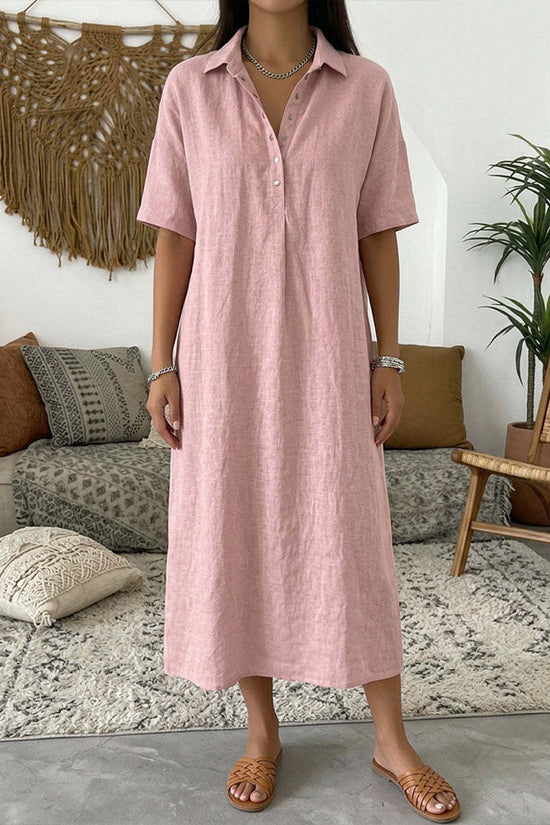 Casual Straight Fit Comfortable Linen Short Sleeve Polo Neck Dress for Women 