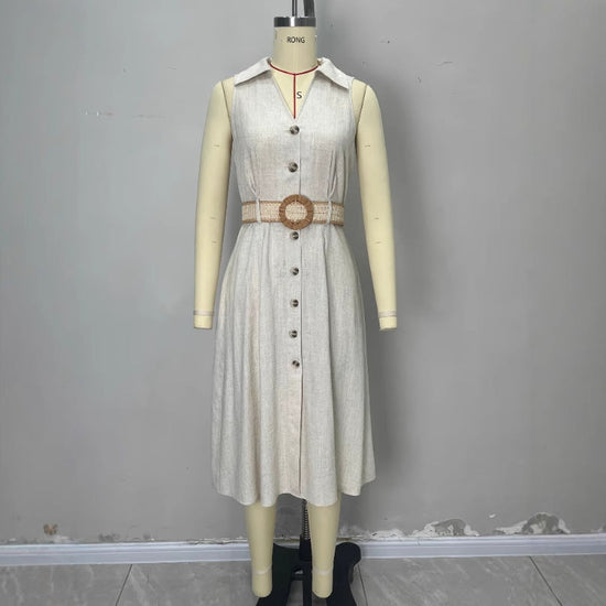 V-neck sleeveless breasted waistband A hem shirt dress for women 