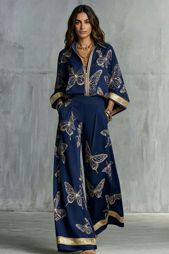 Style Women's Retro Printed Sexy Deep V Neck Loose Zipper Top with Wide Leg Pants Two-Piece Set 
