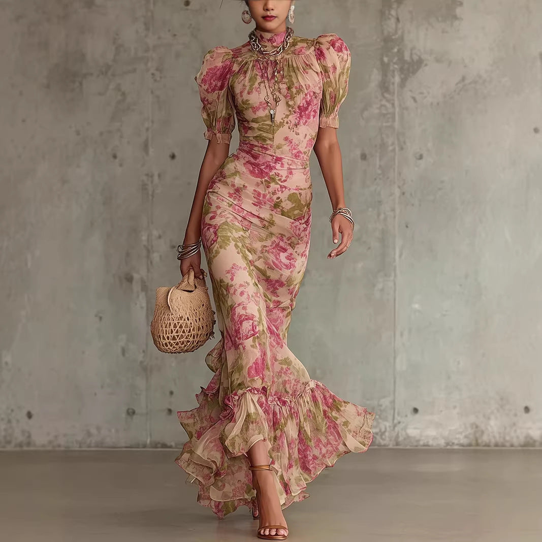 Bubble sleeve printed slim fit long skirt 