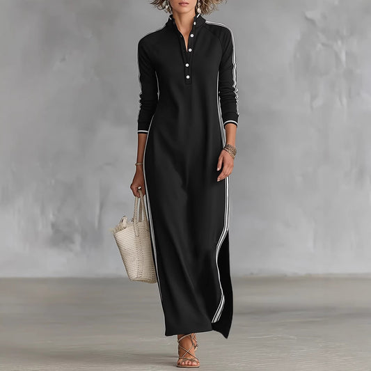 Long skirt women's simple white rolled edge button neck hoodie dress 