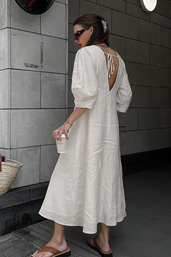 V-neck bubble sleeve loose mid length dress 