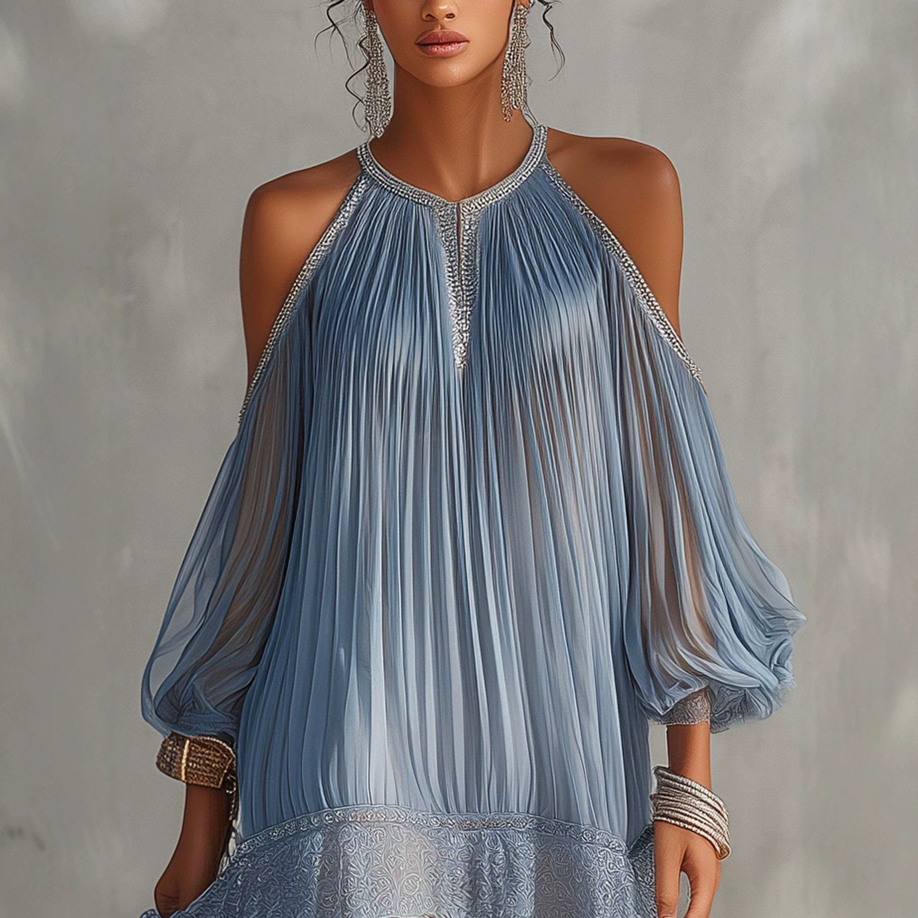 Flared Chiffon Dress with Ruffles and Lace Hem, Loose Fit with Bubble Sleeves, Vacation Beach Skirt 