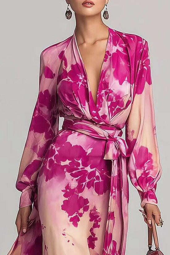 Printed Chiffon Long Sleeve V-Neck Tie-Up Dress Elegant Chic Spring New Long Dress 