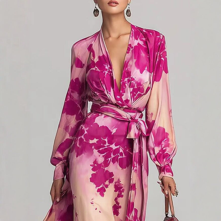 Printed Chiffon Long Sleeve V-Neck Tie-Up Dress Elegant Chic Spring New Long Dress 