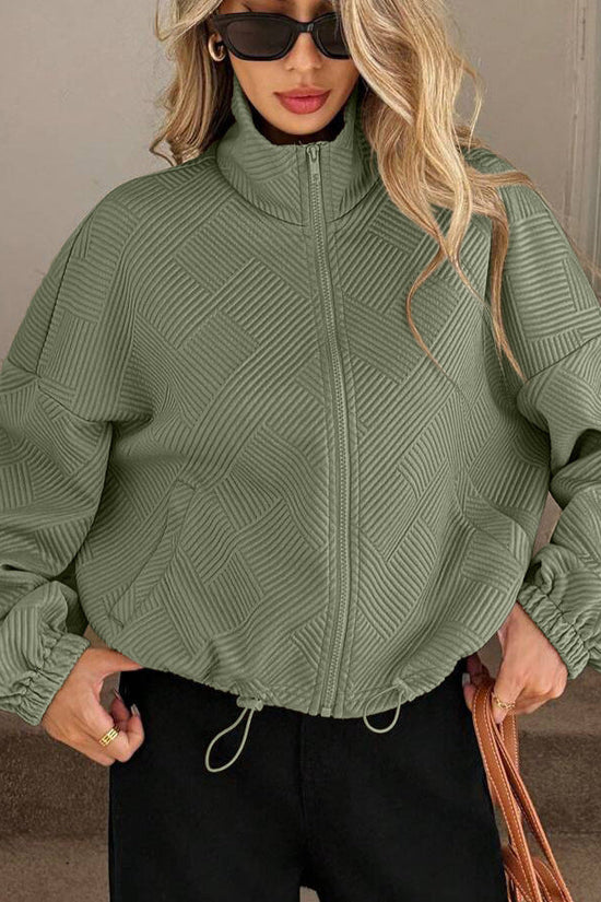 High neck zipper hem drawstring pocket women's loose jacket 