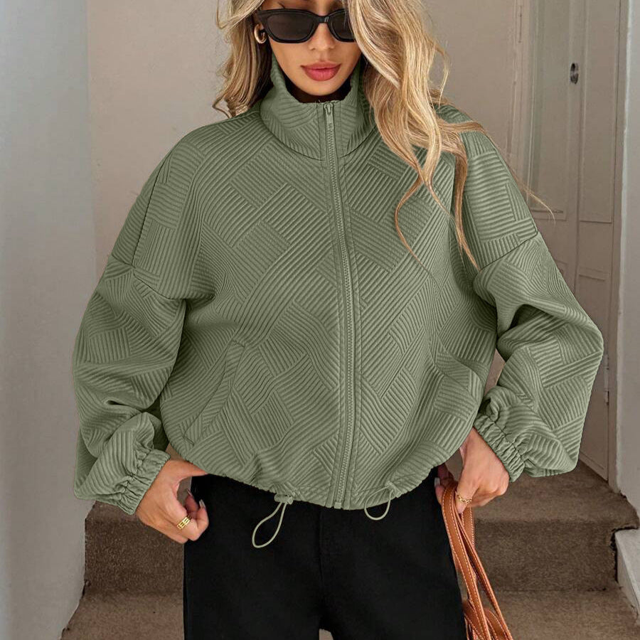 High neck zipper hem drawstring pocket women's loose jacket 